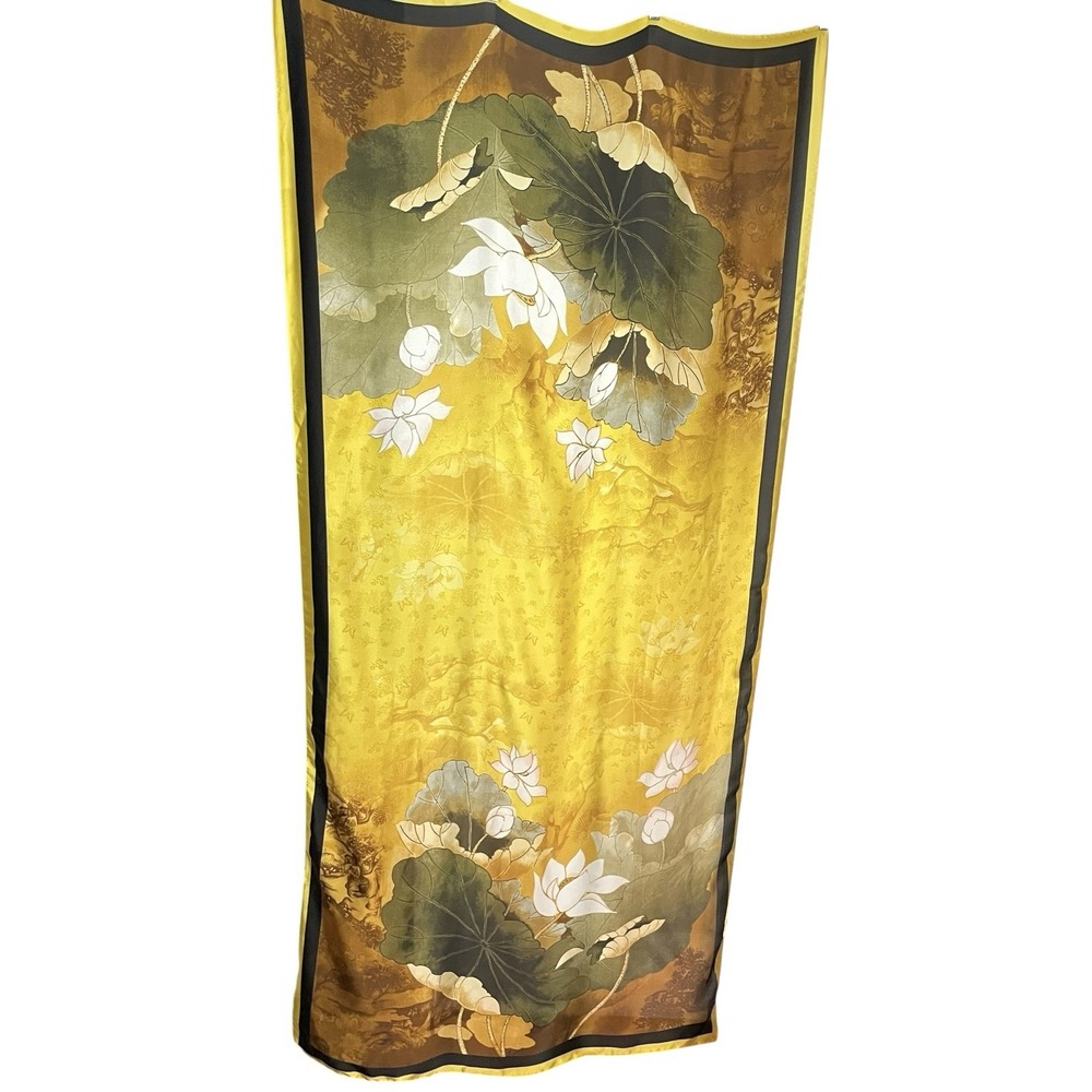Lotus Flower Scarf Wrap Shawl 34.5"x75" Gold Black‎ Silky Asian Floral Luxury